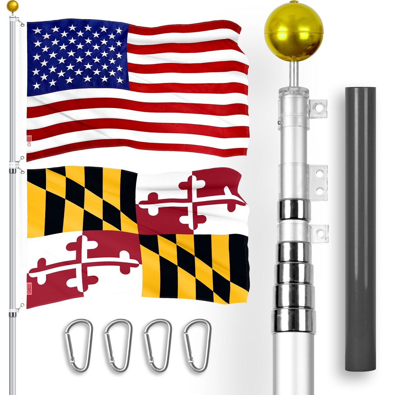 G128 Combo Pack: 25 Ft Telescoping Aluminum Flagpole (Silver) & American and Maryland Flags 3x5 Ft, Both ToughWeave Series Embroidered Polyester | Pole with Flags Included